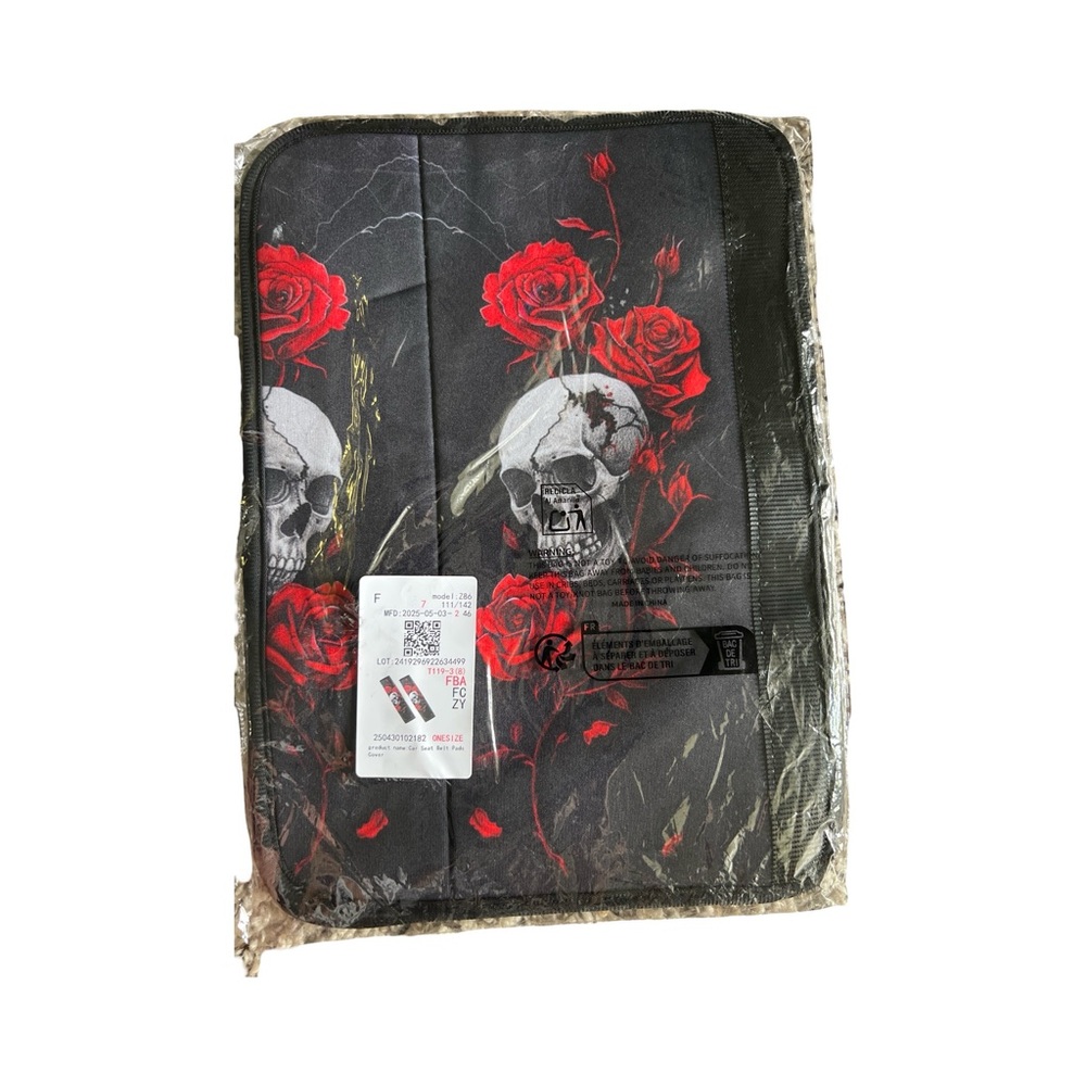Skull & Red Rose Car Seat Belt Pads Gothic Auto Accessories - Picture 3 of 3